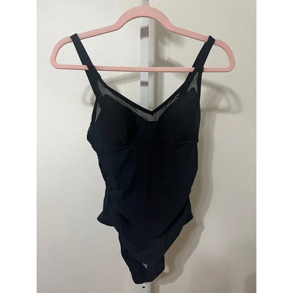 NWT CUPSHE One Piece Swimsuit‎ Bathing Suit V-Neck Back Ruched Mesh Small Black